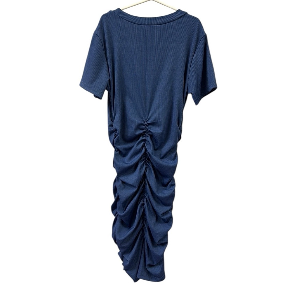 Beyove Blue Ruched Bodycon Ribbed V Neck Button Front Short Sleeve Mini Dress S - Picture 10 of 12